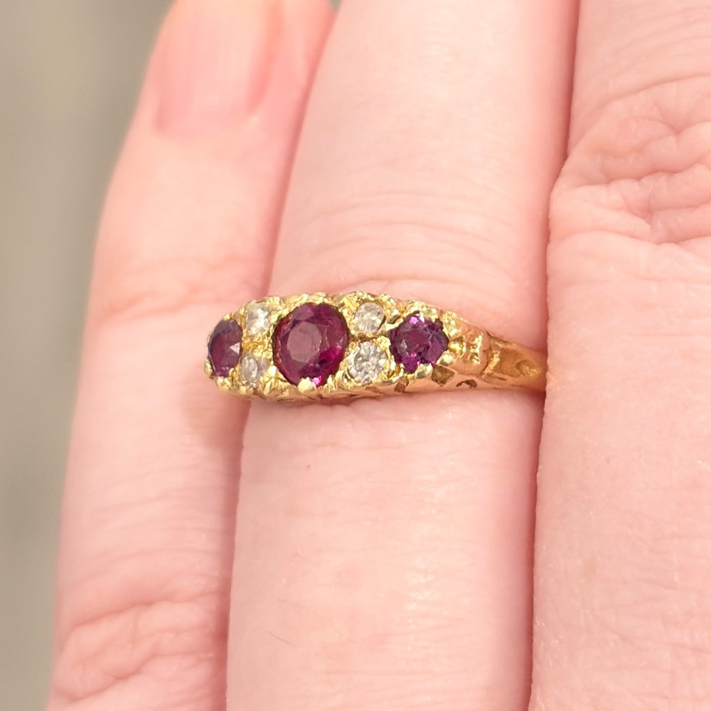 18K Ruby Diamond Edwardian Ring, 1960s Recreation Size 6.75 - Picture 7 of 15